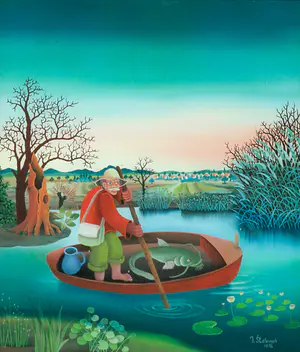 Ivan Stefanek - Achterglas schildering, Visser in bootje - Ingelijst kopen? Bied vanaf 150!