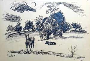 Jan Altink - Houtskool op papier - Anloo 1960 verkocht voor € 350!