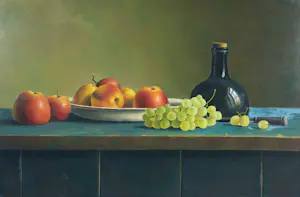 Jan van Tilburg - Olieverf op paneel, Stilleven met appels, fles en druiven - Ingelijst kopen? Bied vanaf 400!