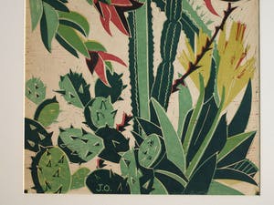 Jeanne Bieruma Oosting - Ingelijste linoleumsnede , ‘Exotische tuin’ – 1957 kopen? Bied vanaf 75!
