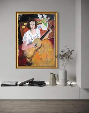 Rene Mels - Frau mit Gitarre – Großes und wunderschönes ausdrucksstarkes Gemälde kopen? Bied vanaf 800!