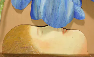 Arja van den Berg - Wandinstallatie in olieverf op zink, Vrouw met blauwe papaver kopen? Bied vanaf 1!