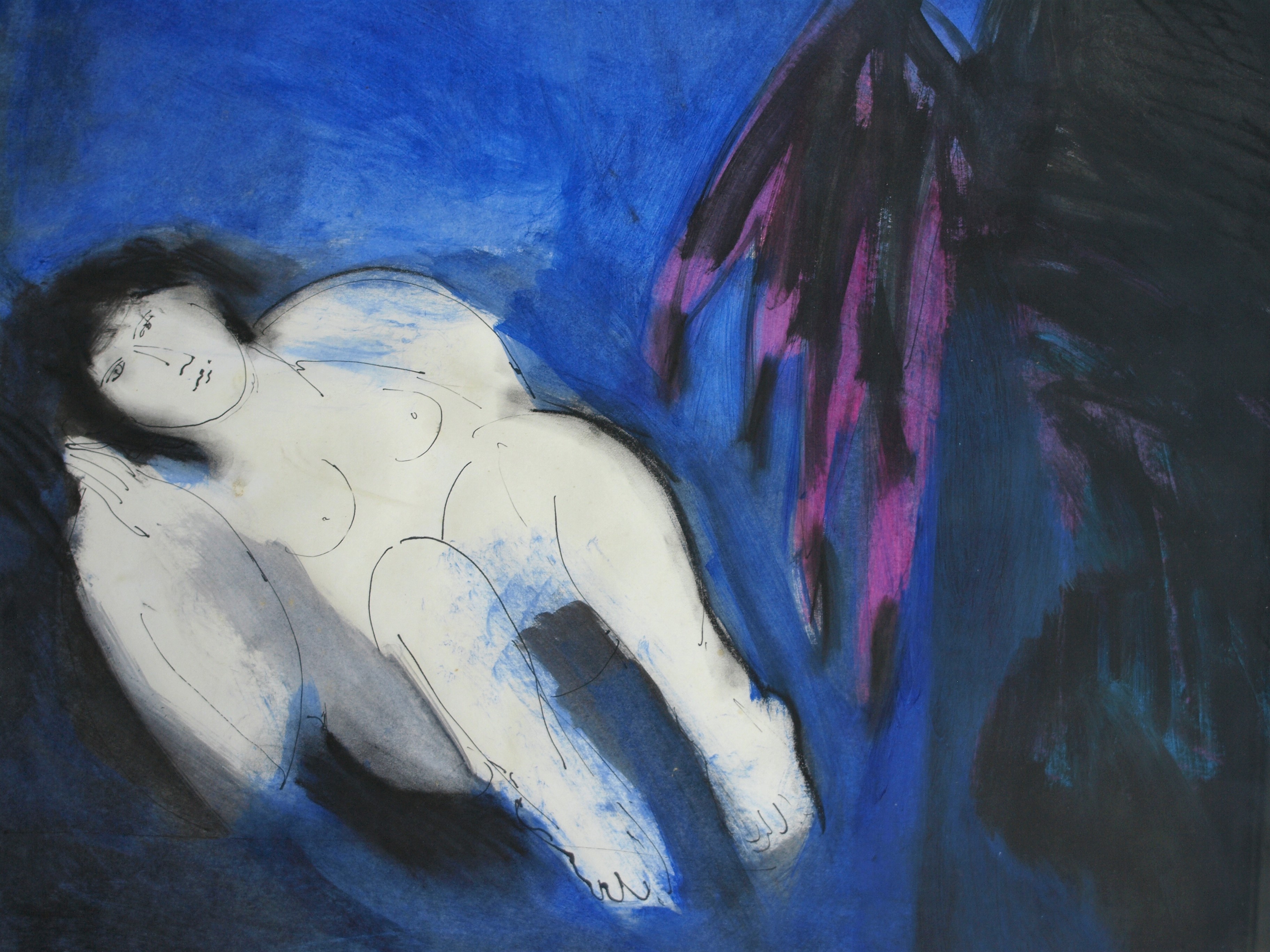 Anke Engelse - Acrylverf en inkt , Vrouw met Kraai –gesigneerd & ingelijst – 1993 kopen? Bied vanaf 75!