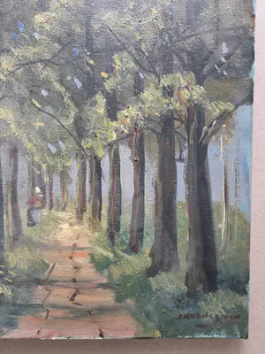 Jan Kelderman - Bosgezicht met vrouw. Zonnig laantje. Putten. kopen? Bied vanaf 20!