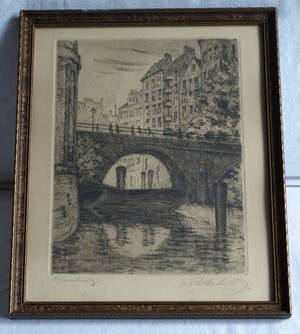 Niet of onleesbaar gesigneerd - Ingelijste ets, Stadsgezicht Hamburg , Ellerntorsbrücke – ca. 1930 ? kopen? Bied vanaf 1!