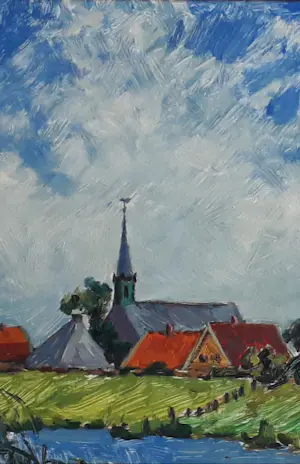 Jan Dekker - Kleurrijk landschap met dorphe aan water kopen? Bied vanaf 75!