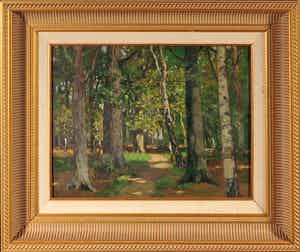 Bernard Ferdinand Hoppe - Olieverf op paneel, Boslandschap - Ingelijst verkocht voor € 250!