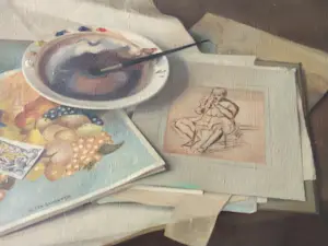 Jan Schouten - Realistisch stilleven met kunstenaarsattributen kopen? Bied vanaf 400!