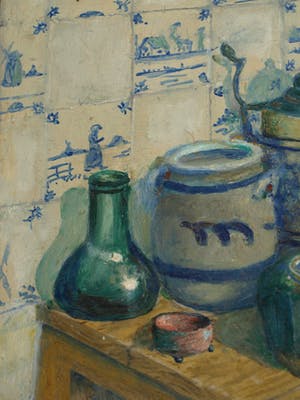 Niet of onleesbaar gesigneerd - Ingelijst, olieverf op board , stilleven “Aardewerk met bierpullen” kopen? Bied vanaf 1!