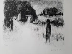 Metten Koornstra - Litho, Zonderlinge figuren op landweg. kopen? Bied vanaf 35!