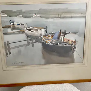 Arnold De Soet - Engelse kunstenaar,” Havengezicht met aangemeerde bootjes” kopen? Bied vanaf 20!