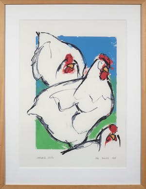 Ellen Meuwese - Zeefdruk, Drie kippen - Ingelijst kopen? Bied vanaf 1!