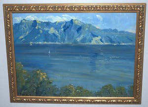 Niet of onleesbaar gesigneerd - olieverf 1e helft 20eE, mogelijk Frans - uitzicht op water en bergen kopen? Bied vanaf 10!