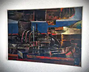 Gerard Leonard van den Eerenbeemt - Groot jaren 60 kubistisch olieverf op doek "schip en vliegtuig" gesigneerd verkauft für € 62!
