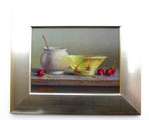 Hans Habraken - stilleven Aardenwerken pot, glazen schaal en kersen kopen? Bied vanaf 450!