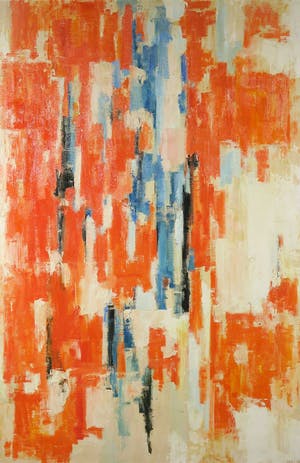 Adine Engelman - Olieverf op doek, Abstracte compositie in oranje en blauw - Ingelijst (Groot) kopen? Bied vanaf 1!