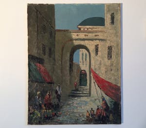 Niet of onleesbaar gesigneerd - Stadsgezicht met marktscene - olieverf op doek kopen? Bied vanaf 10!