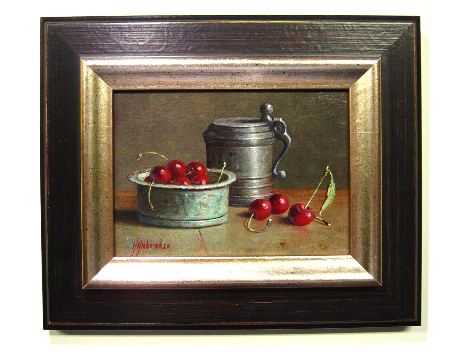 Hans Habraken - Stilleven met groene schaal, tinnen kan en kersen kopen? Bied vanaf 280!