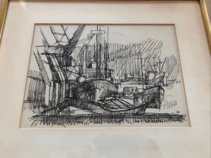 Niet of onleesbaar gesigneerd - inkt tekening: havenzicht kopen? Bied vanaf 1!