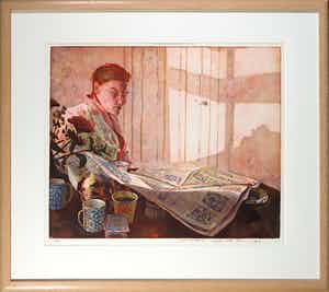 Marcel Schellekens - Kleurenets, Saskia met krant - Ingelijst verkocht voor € 100!