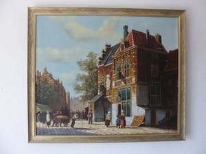 H.J Topman - Olieverfschilderij van een vroeg Hollands straatbeeld met mensen en gebouwen. kopen? Bied vanaf 35!