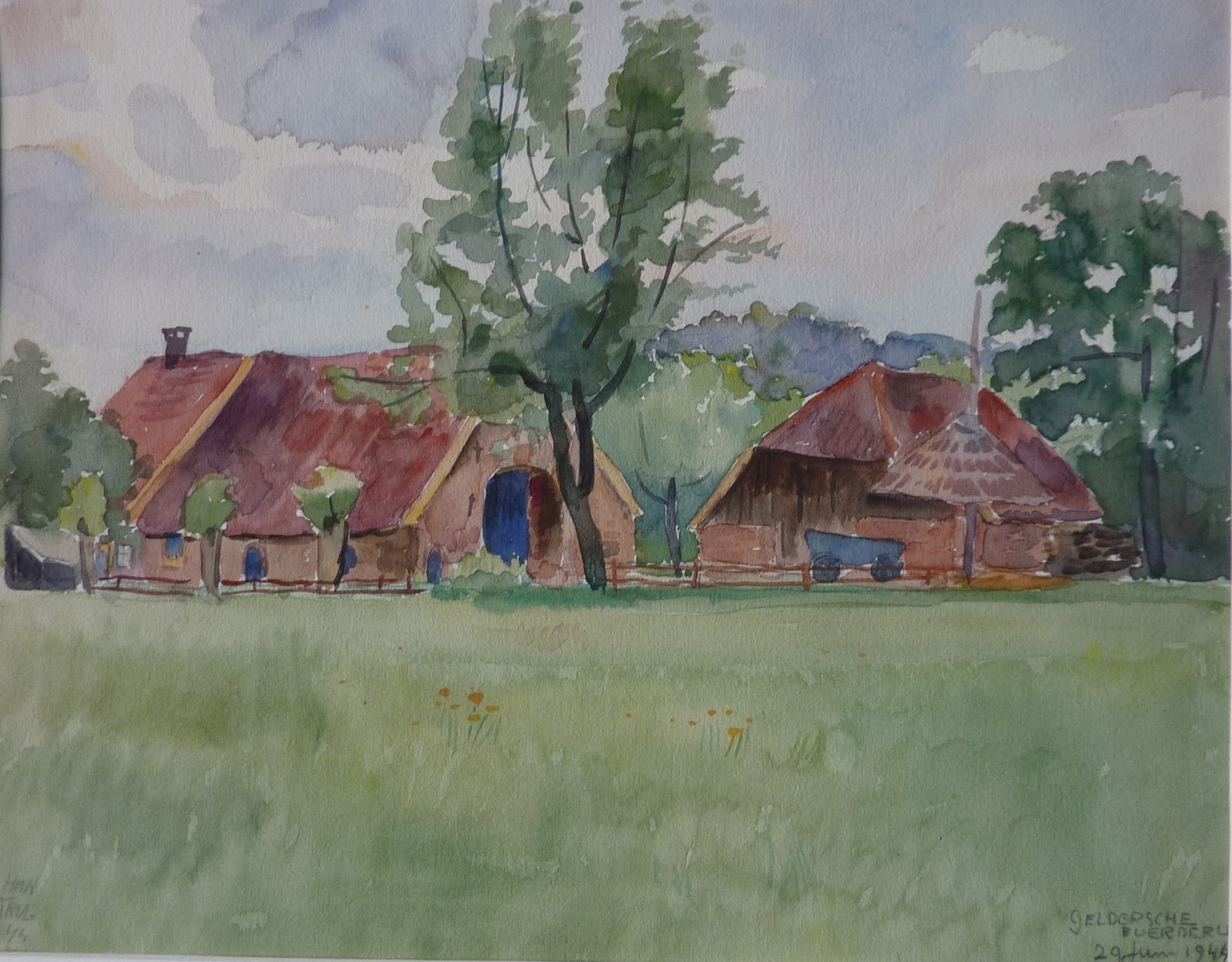 Han Krug - Aquarel "Geldersche Boerderij" 29 Juni 1944 kopen? Bied vanaf 36!