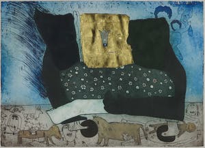 Michel van Overbeeke - Kleurenets met bladgoud, Poppins Bench II - Ingelijst (Groot) kopen? Bied vanaf 1!