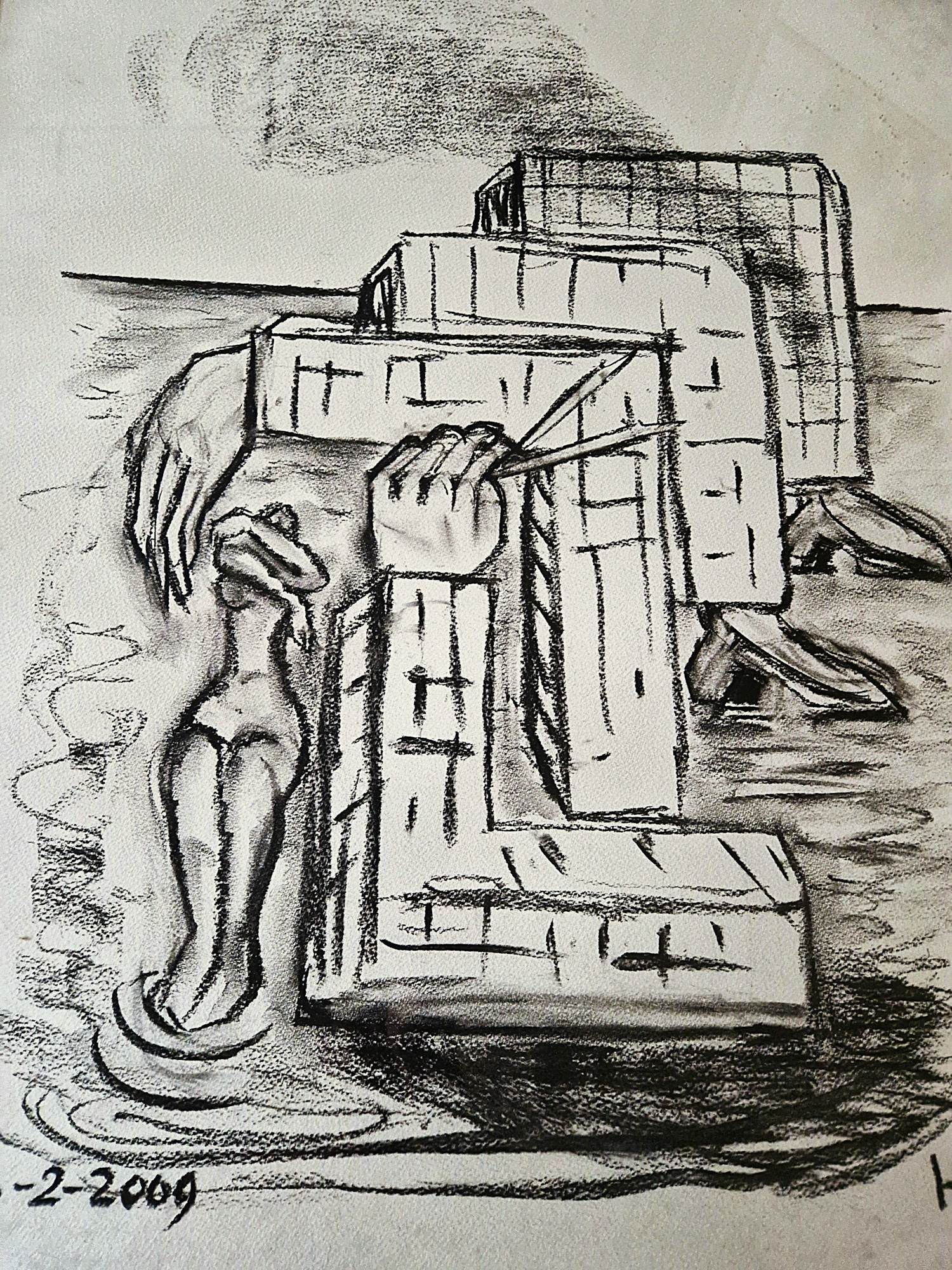 Hannes Postma - Grote in 2009 gemaakte houtskool tekening "l'Architecte" netjes ingelijst kopen? Bied vanaf 58!