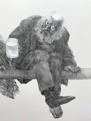 Peter Vos - litho | 'Oude man met uil' | 1986 kopen? Bied vanaf 225!