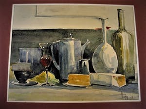 Niet of onleesbaar gesigneerd - Fraai bijna Kubistisch "Keukenstilleven met borrelglas" gesigneerd kopen? Bied vanaf 10!