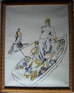 Rachid Ben Ali - Acrylverf op papier , ingelijst , "De roeiboot" - 100 x 80 cm. kopen? Bied vanaf 250!