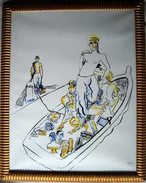 Rachid Ben Ali - Acrylverf op papier , ingelijst , "De roeiboot" - 100 x 80 cm. verkocht voor € 250!