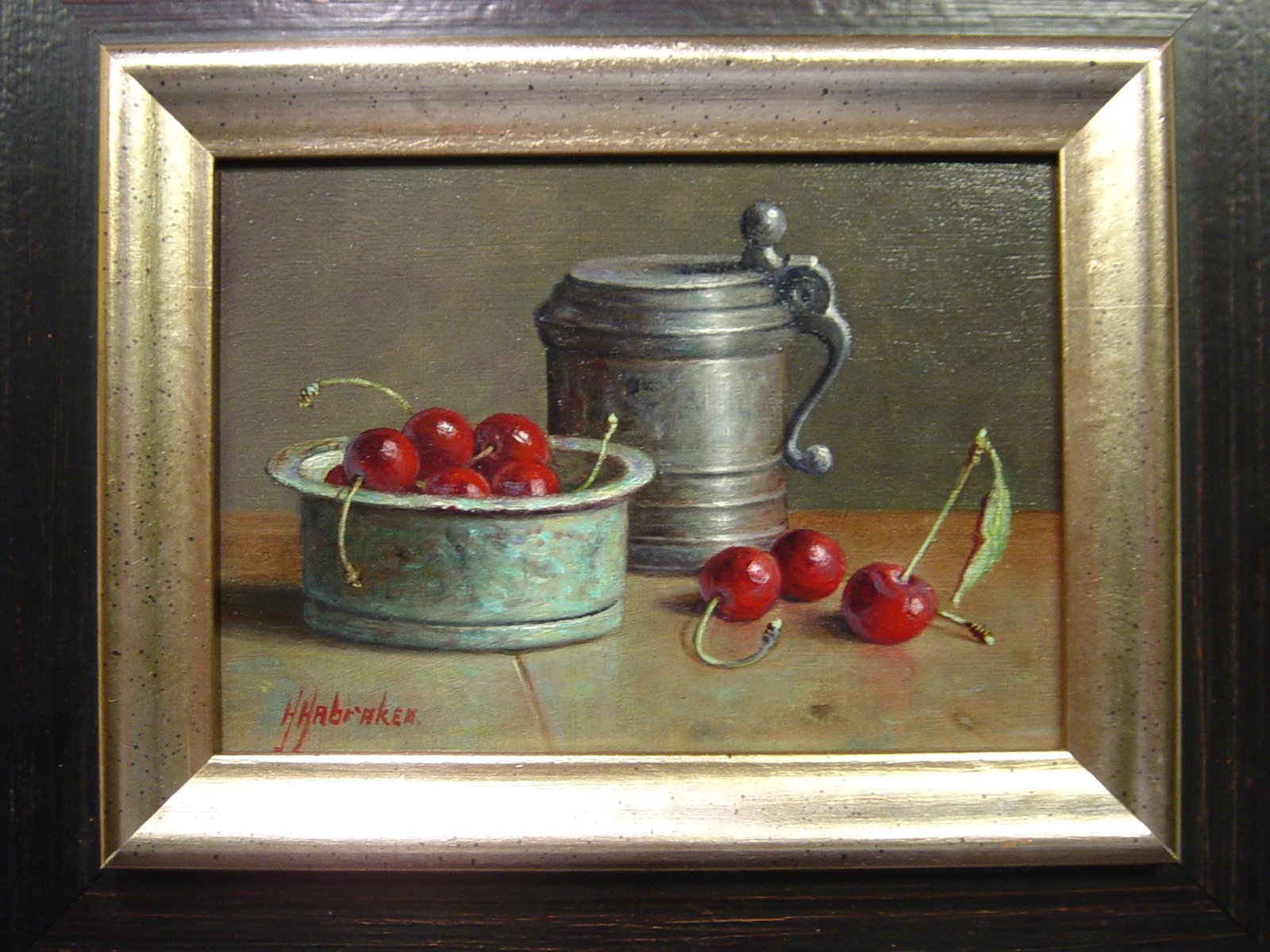 Hans Habraken - Stilleven met groene schaal, tinnen kan en kersen kopen? Bied vanaf 280!