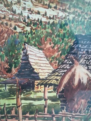 Niet of onleesbaar gesigneerd - verstild vergezicht, dorpje in Indonesië met op de achtergrond bergen kopen? Bied vanaf 1!