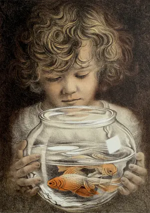 AcheterPoen de Wijs - handgesigneerde litho | 'Kinderspel - Jongetje met vissenkom' | 2006? Enchérissez de 100!