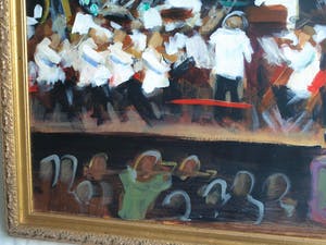Niet of onleesbaar gesigneerd - Groot , ingelijst acrylverf op doek , Het concert – 1998 - 81 x 111 cm kopen? Bied vanaf 1!
