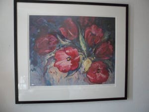 Mary Koekenbier - Zeefdruk. Titel, "Beaujolais Joli Bouget". kopen? Bied vanaf 60!