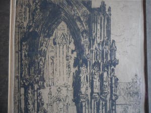 Martin van Waning - Ets met de ingang van een kathedraal. kopen? Bied vanaf 20!
