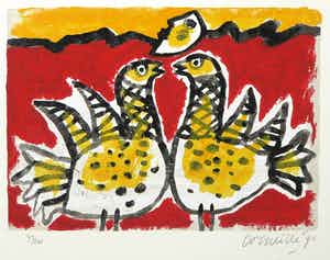 Corneille - Zeefdruk, Twee dieren op muziekpapier verkocht voor € 1!