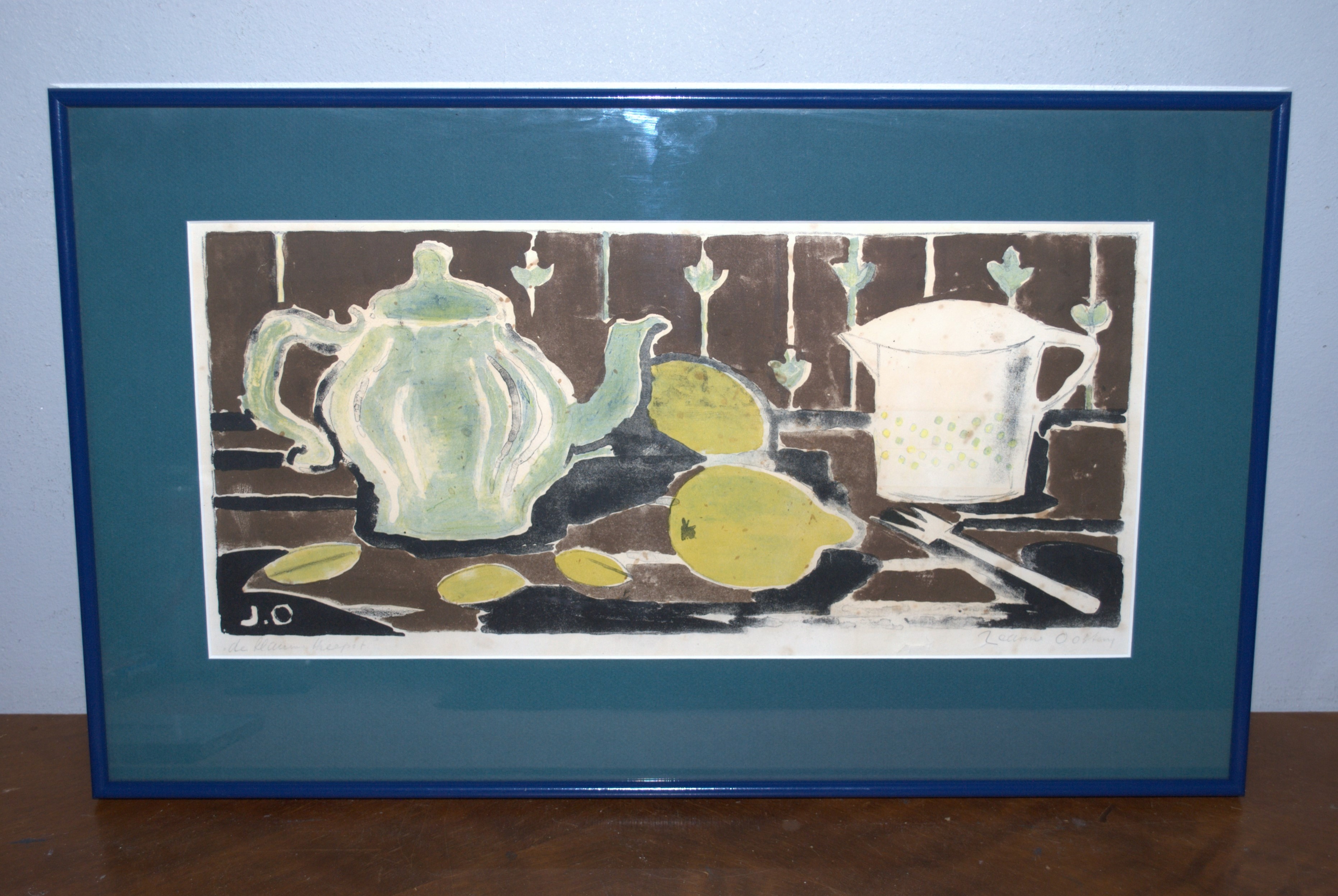 Jeanne Bieruma Oosting - de blauwe theepot - linosnede kopen? Bied vanaf 50!