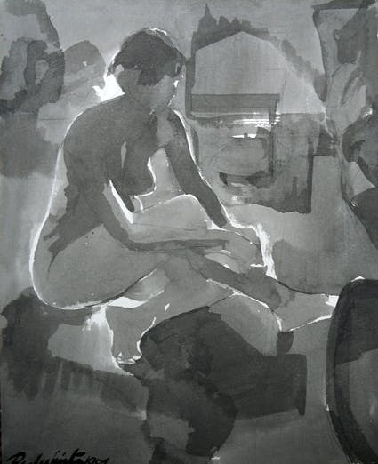 Niet of onleesbaar gesigneerd - Knielend naakt in zwart-wit /aquarel kopen? Bied vanaf 1!
