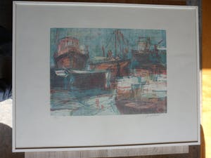 Jan Velthuis - Kleurenhoutsnede – Havengezicht - Ingelijst - 66 x 51 cm kopen? Bied vanaf 35!