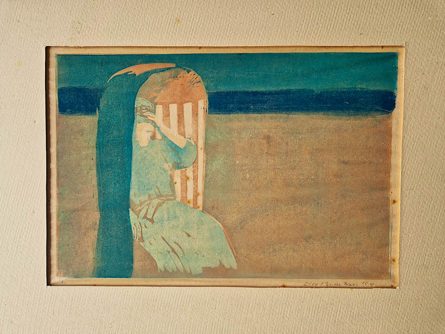 Otto B. de Kat - Unieke (7 exemplaren bekend) Linoleumsnede "vrouw aan het strand" gesigneerd verkocht voor € 58!