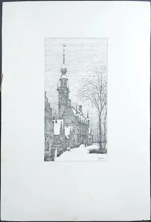 Lucie van Dam van Isselt - Ets, Kerktoren in de sneeuw kopen? Bied vanaf 1!