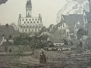 Wijnand Otto Jan Nieuwenkamp - STADHUIS TE VEERE /// HOUTSNEDE VAN W.O.J.NIEUWENKAMP kopen? Bied vanaf 40!