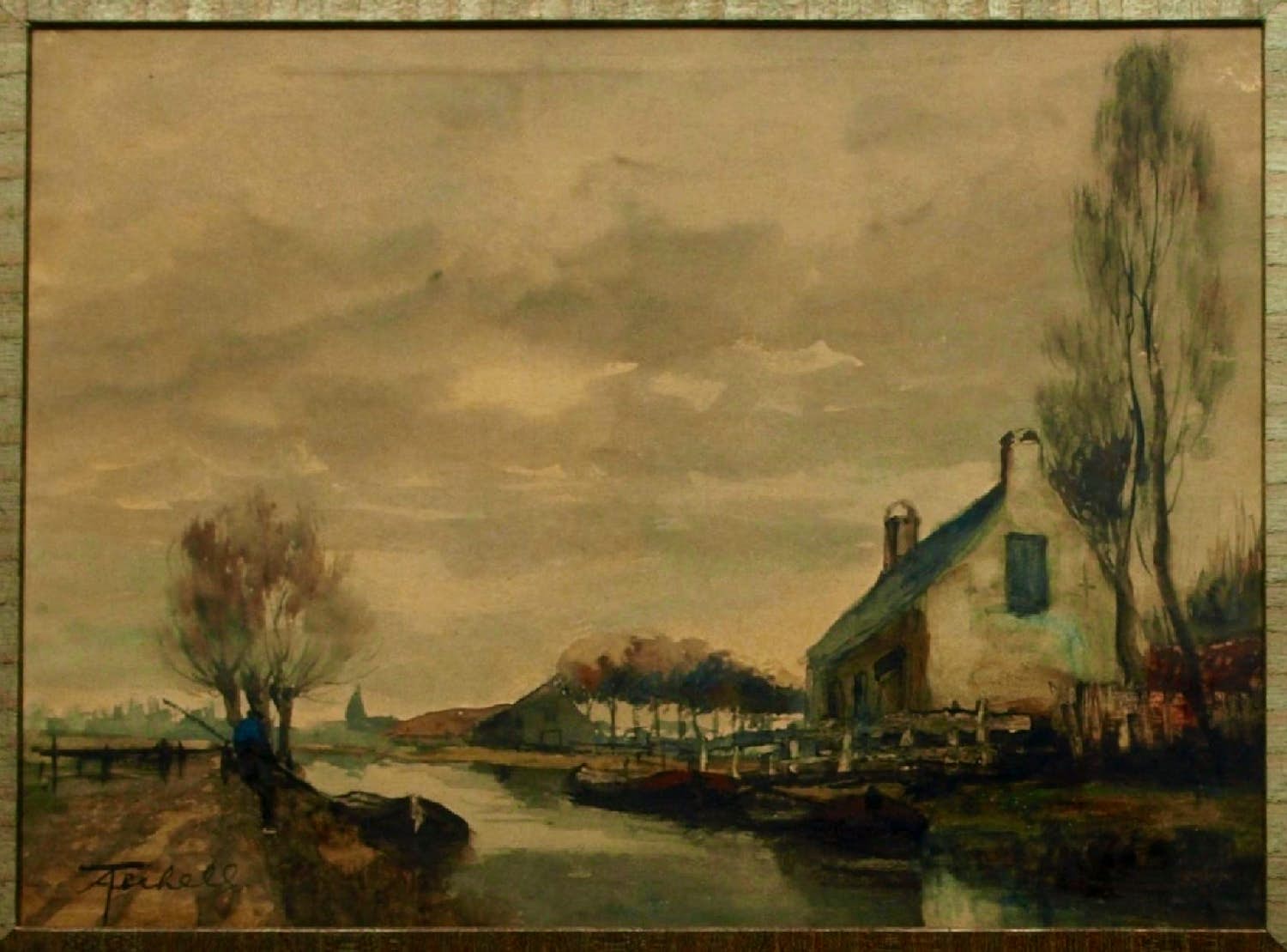 Adriaan Terhell - Ingelijste aquarel , Boerderij aan het water – Lijst, 50 x 63 cm. – ca. 1920 kopen? Bied vanaf 1!