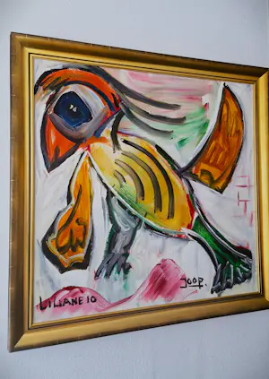 Niet of onleesbaar gesigneerd - GROOT Acrylverf op doek "Spotvogel" zeer fraai ingelijst - gesigneerd kopen? Bied vanaf 1!
