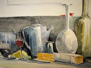 Niet of onleesbaar gesigneerd - Fraai bijna Kubistisch "Keukenstilleven met borrelglas" gesigneerd kopen? Bied vanaf 10!