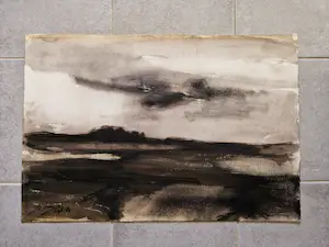Jelle Hoogstra - Grote verstilde Gouache "zwaar weer boven de Maasvlakte" gesigneerd kopen? Bied vanaf 1!