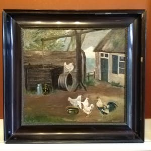 Niet of onleesbaar gesigneerd - Naïeve kunststroming - Kippen op het erf - 1924 kopen? Bied vanaf 1!